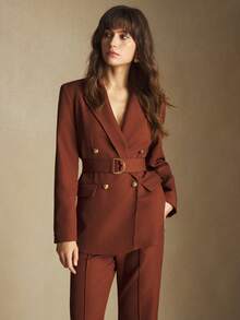 BizChic 2025 Autumn/Winter New Brown Notched Collar Double-Breasted Metal Button Adjustable Waist Metal D-Ring Design Women's Blazer, Modern Elegant Urban Commute Everyday Casual 90s Christmas New Year, Thanksgiving Party, Beach Graduation Fashion, Versatile Romantic Minimalist, Suitable For Wedding Guest, Host, Date, Party, Concert, Brunch, Airport, Multi-Occasion