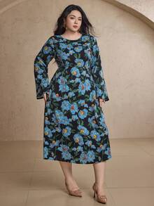 Dazy Plus Plus Size Women Floral Print Long Sleeve Dress, High-End Fitted Formal Gown Dress Boho - Blue - View 4