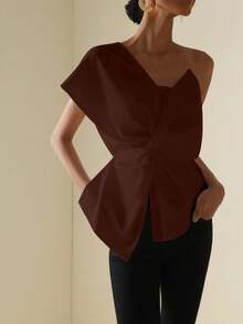 Vesra Women's Solid Color Minimalist Twist + One Shoulder Blouse - Rust Brown - View 6
