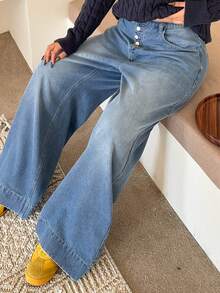 Dazy Plus Calça jeans feminina longa, azul, plus size, com 5 botões, solta, perna reta, lavada, adequada para todas as estações - Lavagem leve - Ver 2