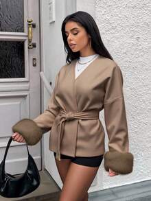SHEIN EZwear 女士纯色落肩长袖仿毛皮袖口和腰带设计时尚大衣，秋冬棕色女式大衣 - 咖啡棕 - 查看 1