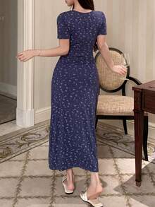 DAZY Floral Contrast Lace Trim Waist Maxi Nightgown For Women - Navy Blue - View 2