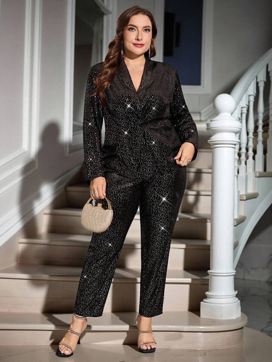 Gownix 加大码女式优雅天鹅绒套装，带金箔、夹克和裤子，适合秋冬季亮片连体裤长袖连体裤，适合女士闪光服装女式闪亮连体裤闪亮服装