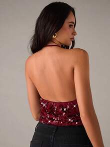 SHEIN BAE 秋冬夜店派对时尚性感亮片吊带露背吊带上衣，派对上衣，夜店上衣，女士时尚上衣，亮片上衣，情人节 - 酒紅色 - 查看 2