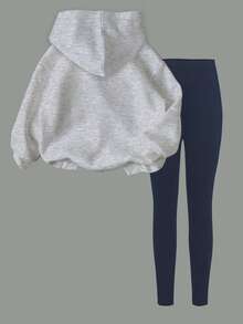 2 件套青少年女孩休闲简约图案 23 印花连帽衫和紧身裤，适合运动、街头、返校、秋冬 - 彩色 - 查看 2