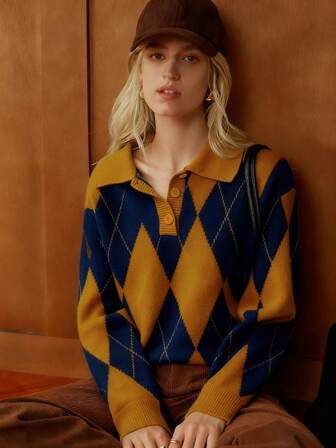 Écloséra French Retro Loose Polo Collar Long Sleeve Knitted Colorblock Diamond Pattern Half-Button Design Khaki Women Pullover Sweater, Autumn/Winter