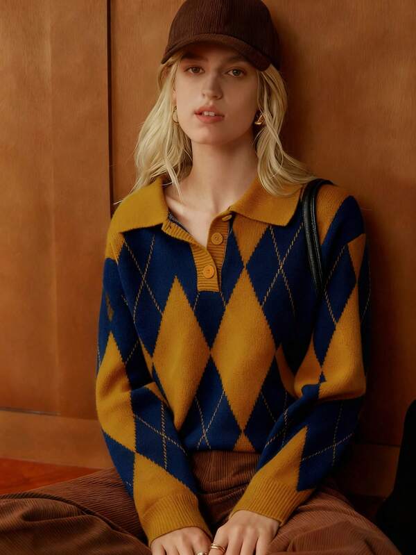 Écloséra French Retro Loose Polo Collar Long Sleeve Knitted Colorblock Diamond Pattern Half-Button Design Khaki Women Pullover Sweater, Autumn/Winter