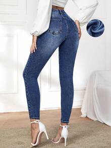 EMERY ROSE Women's High Waist Pocketed Thermal Lined Skinny Casual Versatile Jeans - Dark Wash - View 2