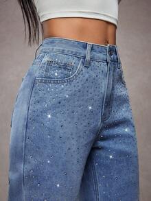 SHEIN Tall 女式高腰水钻装饰水洗牛仔锥形裤 - 深色水洗藍 - 查看 3