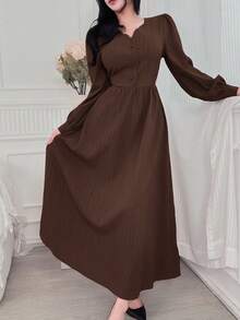 Feyla Women's Solid Color V-Neck Button Design Puff Sleeve Elegant Dress - Coffee Brown - View 3