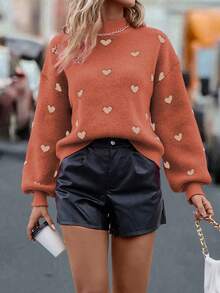 EMERY ROSE Heart Pattern Lantern Sleeve Sweater, Casual Autumn/Winter - Orange - View 3