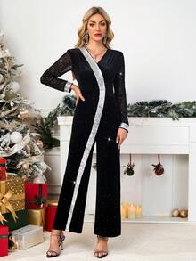 Gownix Czarny aksamitny kombinezon z rozpryskami i srebrnymi cekinami, z dekoltem w serek i długim rękawem, elegancki i modny na imprezę