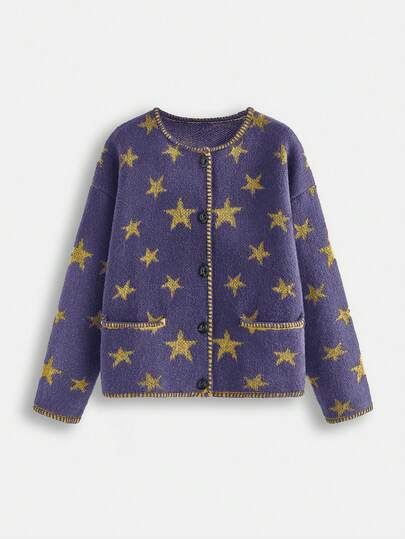 Hippie Cardigan lavorato a maglia con maniche a giro e motivo a pentagramma, casual, per donna, adatto per autunno/inverno