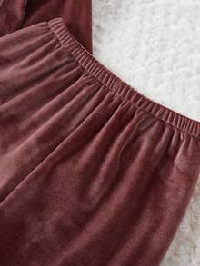 SHEIN 2 件套女童睡衣套装，休闲韩版羊毛心形刺绣开衫和长裤睡衣，浅粉色 - 藕粉色 - 查看 4