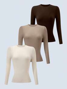 INAWLY 3pcs/Set Women's Solid Color Casual Long Sleeve Fitted Crew Neck T-Shirts - Multicolor - View 3