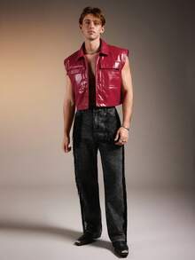 FeverCity 男士时尚朋克 PU 皮革拉链领无袖背心 - 紅色 - 查看 4