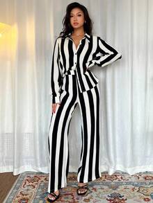 SHEIN Tall 女士优雅通勤休闲黑白条纹两件套长袖套装 - 黑與白 - 查看 4