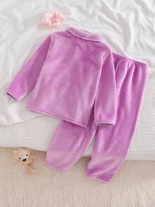 2件套 女童简约粉色小熊图案长袖上衣和裤子 舒适保暖抓绒睡衣 - 淡紫色 - 查看 2