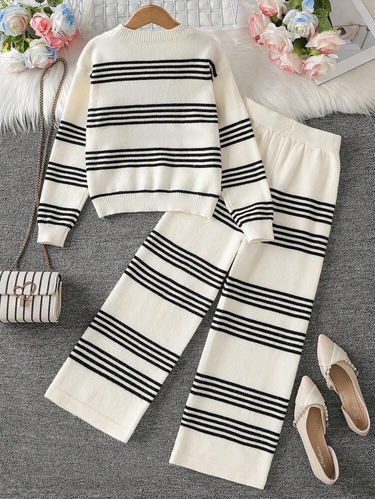 Sparklyn Tween Girls Striped Knit Sweater Set, Soft & Comfortable, Suitable For Daily, Outdoor, Travel, Vacation, Home, Daycare, And Children's Play Girls Sweater Sets Tween Matching Set Knit Casual Two Pieces Set Women Two Pieces Sets Preppy Two Pieces Set Girls Sweater Sets Girls Lounge Set Tween Matching Set Knit Girls Spring And Autumn Suit Girl Knit Set Sweater Pants Set Girls Sweater Sets Casual Two Pieces Set Long Sleeve Two Pieces Set Women 2 Pieces Pants Suit Girls Sweater Sets Tween Matching Set Knit Girl Winter Clothes Teen Girls Sets Girl Clothes Autumn And Winter Clothes Girl Knit Set Two Pieces Pant Set Matching Knit Outfit Two Pieces Knit Set Women Knit Set Knit Matching Set - Black and White - View 2
