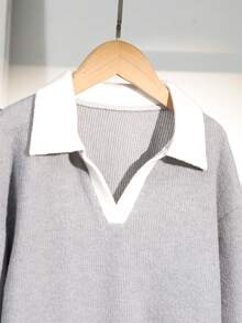 Genkimix Kids 少女休闲舒适外向Polo领撞色罗纹灰白上衣搭配撞色腰带休闲裤T恤套装 - 灰色 - 查看 3