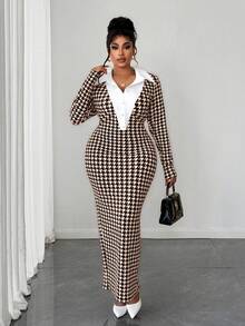 Maweii 大码女式高弹力针织领二合一修身长袖超长连衣裙，性感别致的春秋冬装，适合外出、办公、通勤、休闲、约会 - 棕色 - 查看 2