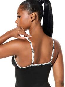 SUMWON WOMEN Branded Elastic Cami Bodycon Mini Dress With Cross Front Detail - Black - View 7
