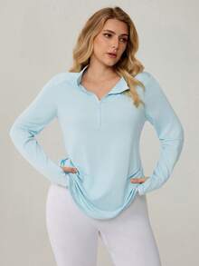 Auralis Athleisure Plus Size Women's Solid Color Front Zipper Simple Long Sleeve Casual Zip Up Sweatshirt, Yoga, Jogging Shirt, Women's Sportswear For Fall/Winter - Dusty Blue - View 7