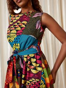 Eryvara Váy không tay cổ tròn họa tiết hỗn hợp Châu Phi dành cho nữ, họa tiết ngẫu nhiên - Nhiều màu - Xem 6