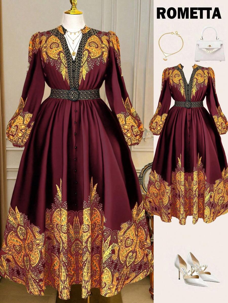 Rometta 永不过时：哥特式预科，周三风格。拥抱你内心的暗黑女性时尚。大码女士时尚百搭泰国马尔代夫海滩度假波西米亚风花卉印花腰部收紧圆领长袖喇叭裙，适合春秋冬三季。 - 彩色 - 查看 1