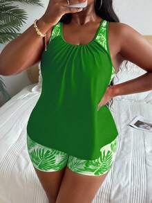 Swim Lushoire Bộ đồ bơi Tankini in họa tiết ngẫu nhiên cỡ lớn dành cho nữ có vòng bụng - màu xanh lá - Xem 4