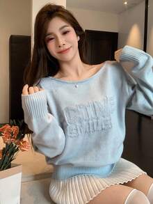 DAZY Women's Casual Asymmetric Collar Letter Pattern Sweater, Autumn/Winter - Blue - View 2