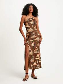 CAJUNI Women's Casual Vacation Asymmetric Mushroom Print Dress, Suitable For Dates, Boho Style, Brown Dress Brown Dress, One Shoulder Dresses, Brown Bodycon Dress, Brown Dress Women - Coffee - View 3
