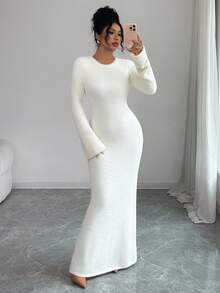 Rafferiza Women's Solid Color Round Neck Fitted Dress, Autumn, Christmas - White - View 3