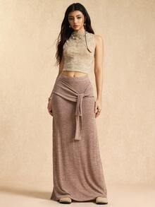 Easelle Vintage Nomadic Brown Low Waist Tie Front Slit Hem Bodycon Maxi Skirt For Women,Chic Elegant Summer Vacation Wrap Around Knit Curve Long Skirt - Brown - View 6