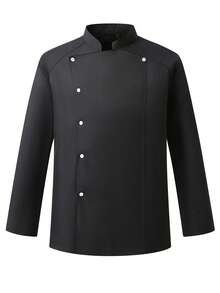 Manfinity Homme Men's Breathable Stand Collar Chef Shirt For Daily Wear,Men's Stand Collar Contrast Piping Single-Breasted Black Chef Shirt Chef Jacket Men Mandarin Collar Men Long Sleeve Chef Jacket Chef Uniform Jackets For Men Long Sleeve Men's Chef Coat Long Sleeve Chef Uniform - Black - View 3