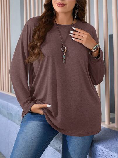 EMERY ROSE Plusstorlek Rund hals Långärmad Avslappnad Lös Mjuk Tilltalande Vinter-T-shirt, Höstkläder