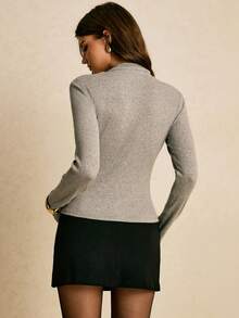 Poéselle 女士纯色旗袍领修身优雅长袖T恤 - 灰色 - 查看 3