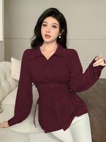 Modelyn 女式纯色束腰系带长袖抽绳衬衫 - 酒紅色 - 查看 6