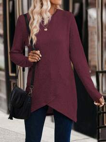 SHEIN LUNE 女式纯色圆领长袖休闲不对称下摆T恤 - 中紫紅色 - 查看 5