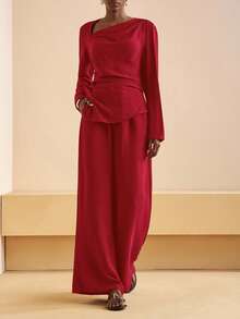 Zivah 2025秋冬新款通勤优雅休闲度假棕色不对称领褶皱长袖衬衫+高腰阔腿长裤女两件套，旅行、通勤、聚会、度假、复古风格、购物、宴会、优雅、派对、约会、休闲-A - 紅色 - 查看 4