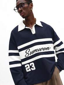 SUMWON 男士长袖橄榄球 Polo 衫，条纹撞色设计，领口和数字印花，休闲款 - 黑與白 - 查看 3
