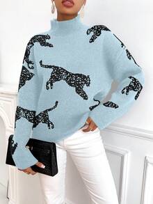 SHEIN Clasi Áo len cổ lọ tay dài họa tiết động vật dành cho nữ - Màu xanh nhạt - Xem 5