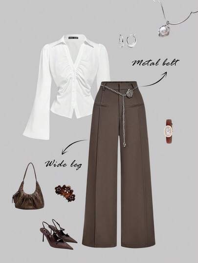 SHEIN MOD Pantalon pattes d'éléphant avec chaîne de taille florale pour femmes, automne/hiver, Thanksgiving, Noël, Nouvel An, décontracté, bureau, vieux argent, marron