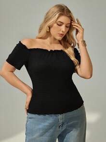 Auralis Plus Size Women's Fashionable Elegant Off Shoulder Frill Trim T-Shirt - Black - View 3