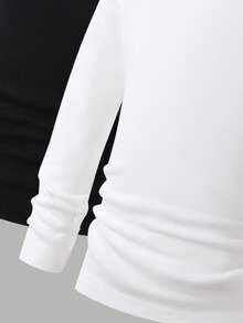 2pcs/Set Young Boy Autumn/Winter New High Neck Snug Fit Comfortable Versatile Base Layer Tops, Black & White Long Sleeve - Black and White - View 4