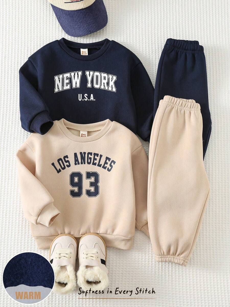 Cozy Pixies 4件套男婴卡通幽灵图案针织柔软圆领长袖卫衣和松紧腰束脚裤套装 - 棕色 - 查看 1