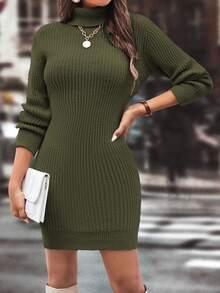 SHEIN Clasi 罗纹高领针织修身毛衣裙新年服装 - 軍綠色 - 查看 5