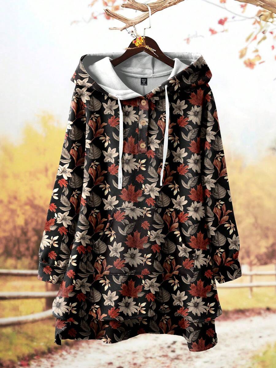 EMERY ROSE 大码女式部分纽扣连帽抽绳休闲全身印花衬衫 - 彩色 - 查看 1