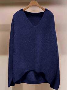 SHEIN LUNE Suéter de cuello en V de unicolor con forro térmico, talla grande, otoño/invierno - azul real - Ver 3