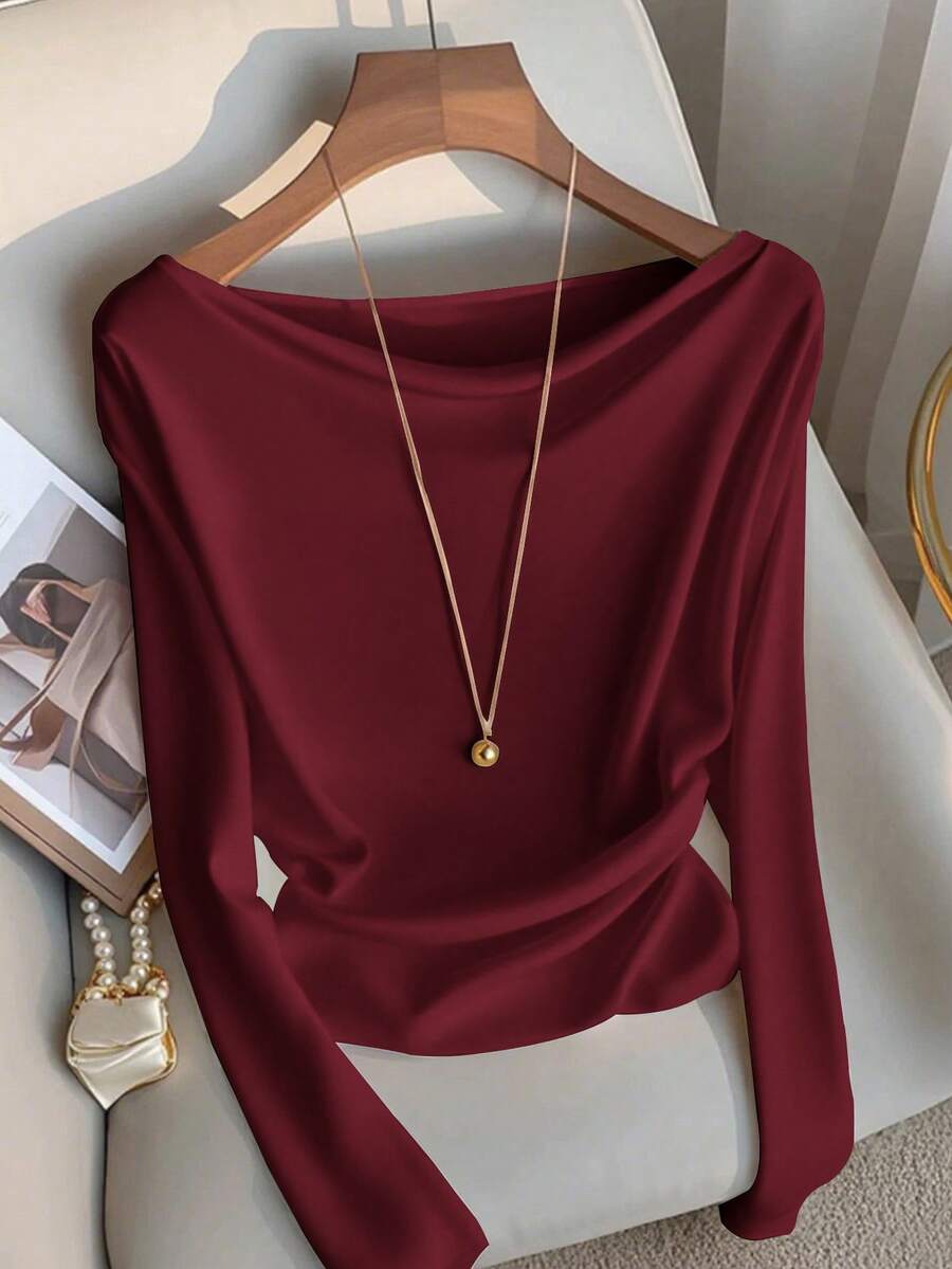 Franclia Elegant French Style Off Shoulder Long Sleeve Cinched Waist Cream White T-Shirt For Women, Autumn/Winter - Burgundy - View 1